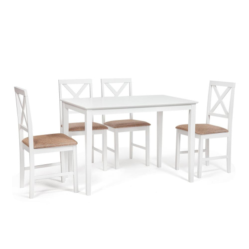 Обеденный комплект эконом Hudson Dining Set (стол + 4 стула) (Pure white (белый 2-1), ткань кор.-зол.) фото Обеденный комплект эконом Hudson Dining Set (стол + 4 стула) (Pure white (белый 2-1), ткань кор.-зол.). Фото №1